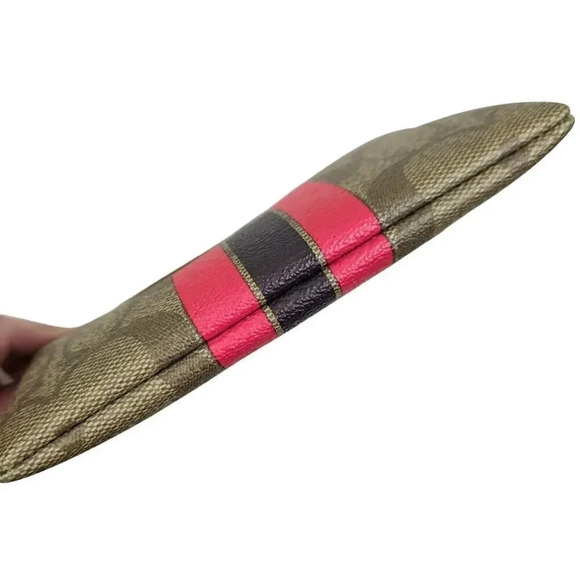 Coach Varsity Large Wristlet Khaki Pink Ruby Stripe Signature C Canvas - Picture 2 of 5